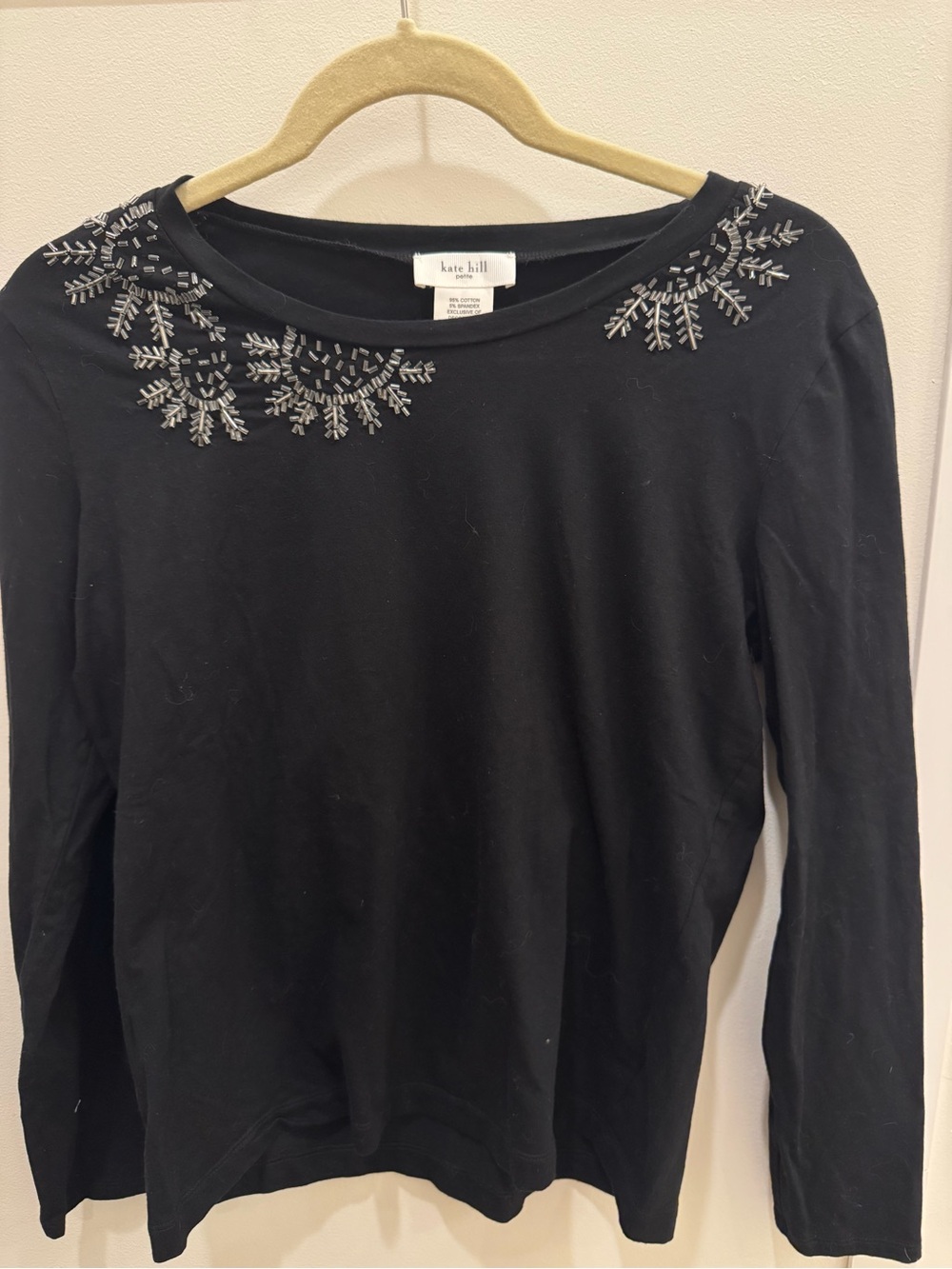 Kate Hill Black Long-Sleeve Crewneck Top with Silver Bead Embellishment
